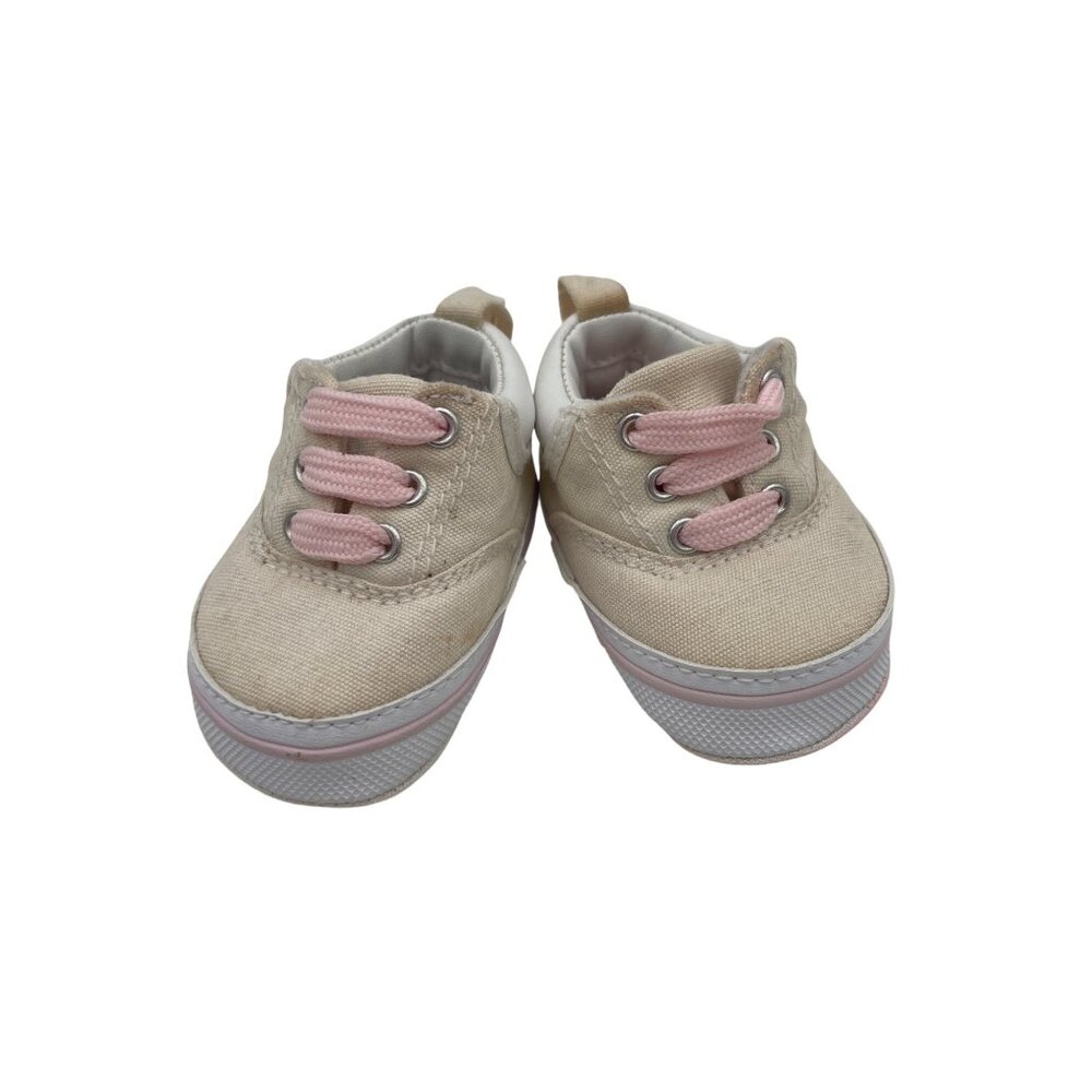 White & Pink Canvas Baby Sneakers Elastic Laces  0-3 Months  Lightweight & Comfy
